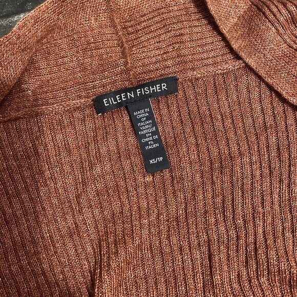 EILEEN FISHER RUSTIC BROWN RED RIBBED KNIT OPEN FRONT CARDIGAN BOHO COTTAGECORE - Picture 2 of 6